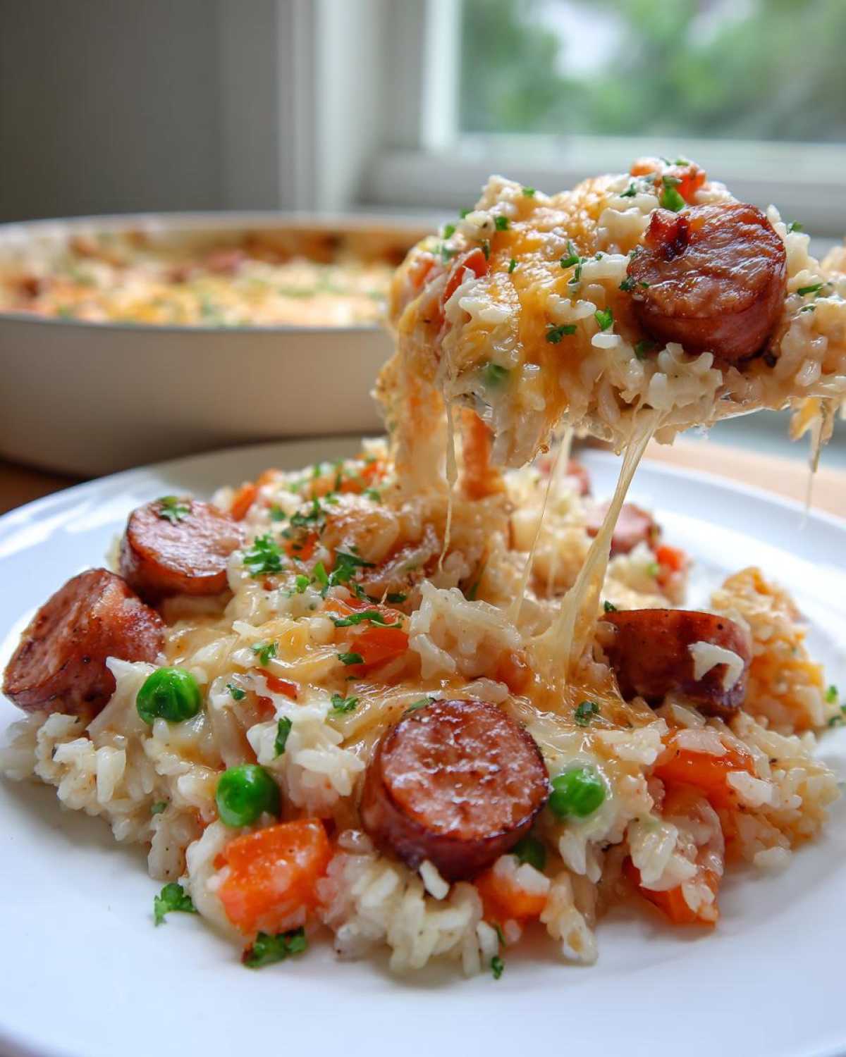 A spoonful of cheesy sausage and rice casserole being lifted, showing melted cheese stretch.