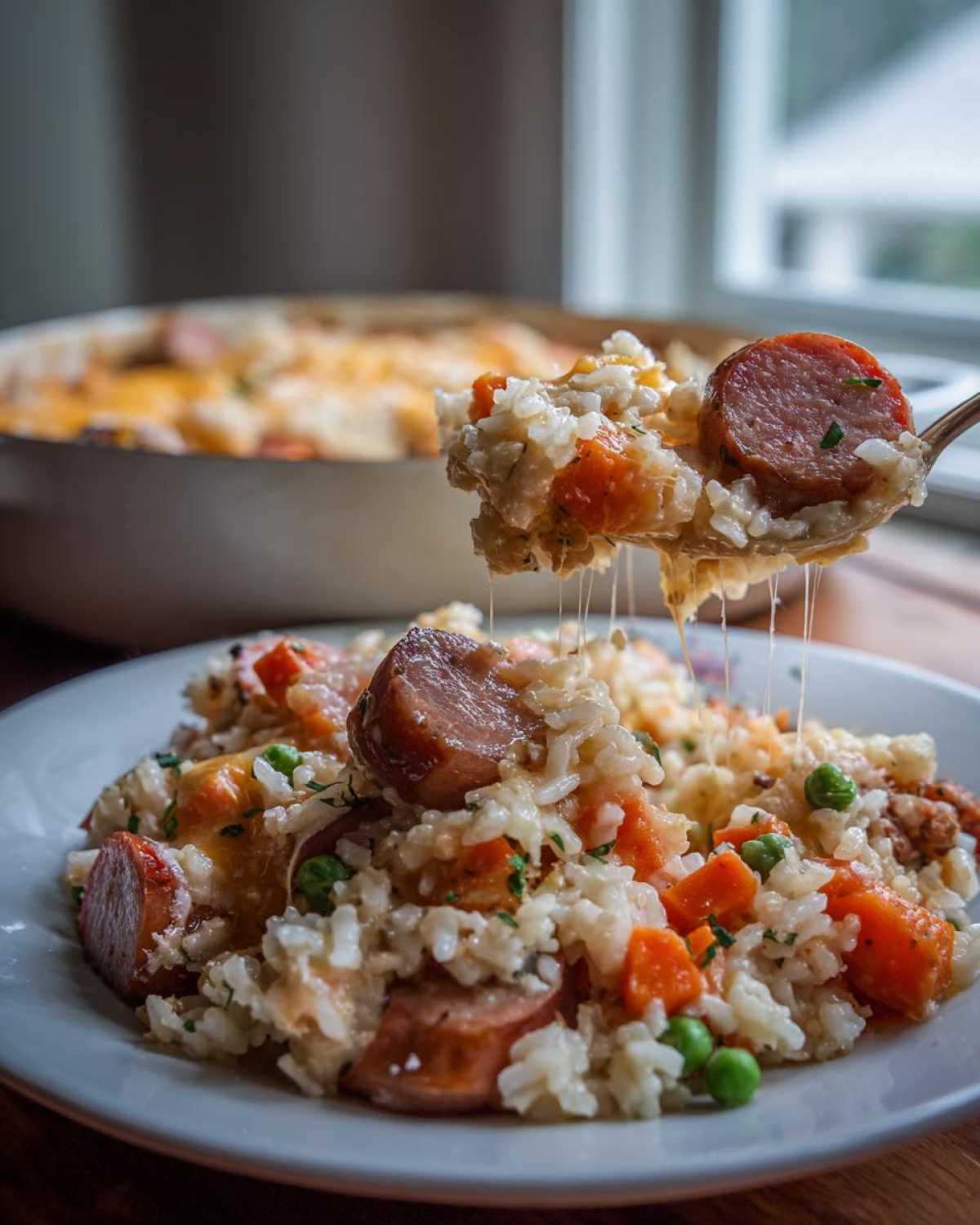 A spoonful of cheesy sausage and rice mixture being lifted above a plate of the one-pot dish.