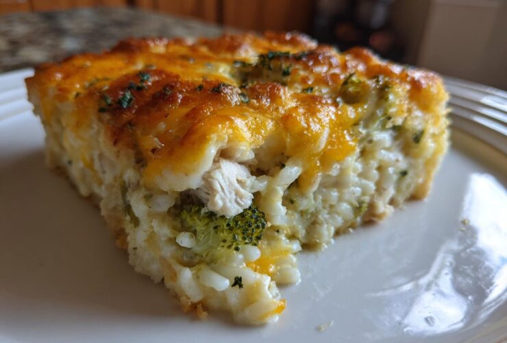 A close-up of a square slice of creamy chicken broccoli rice casserole topped with melted cheddar cheese.