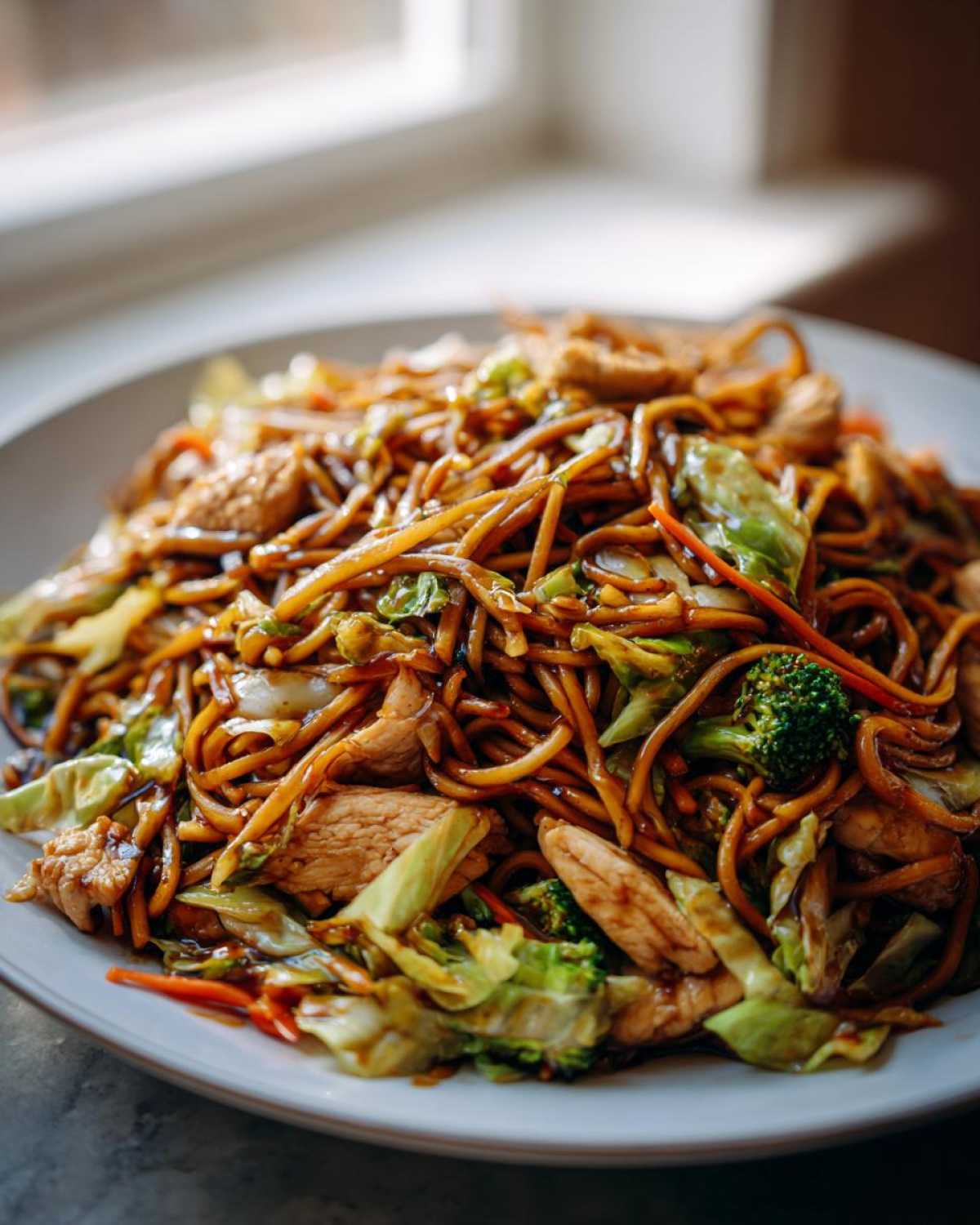 A close-up of a large serving of glossy chicken chow mein recipe with noodles, chicken pieces, cabbage, and broccoli.