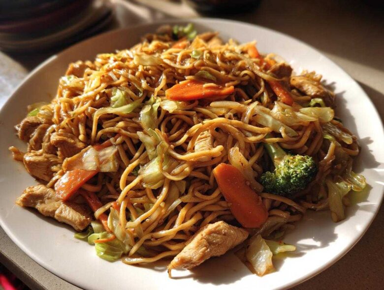 A close-up shot of a plate filled with homemade chicken chow mein recipe, featuring noodles, chicken pieces, carrots, and broccoli.