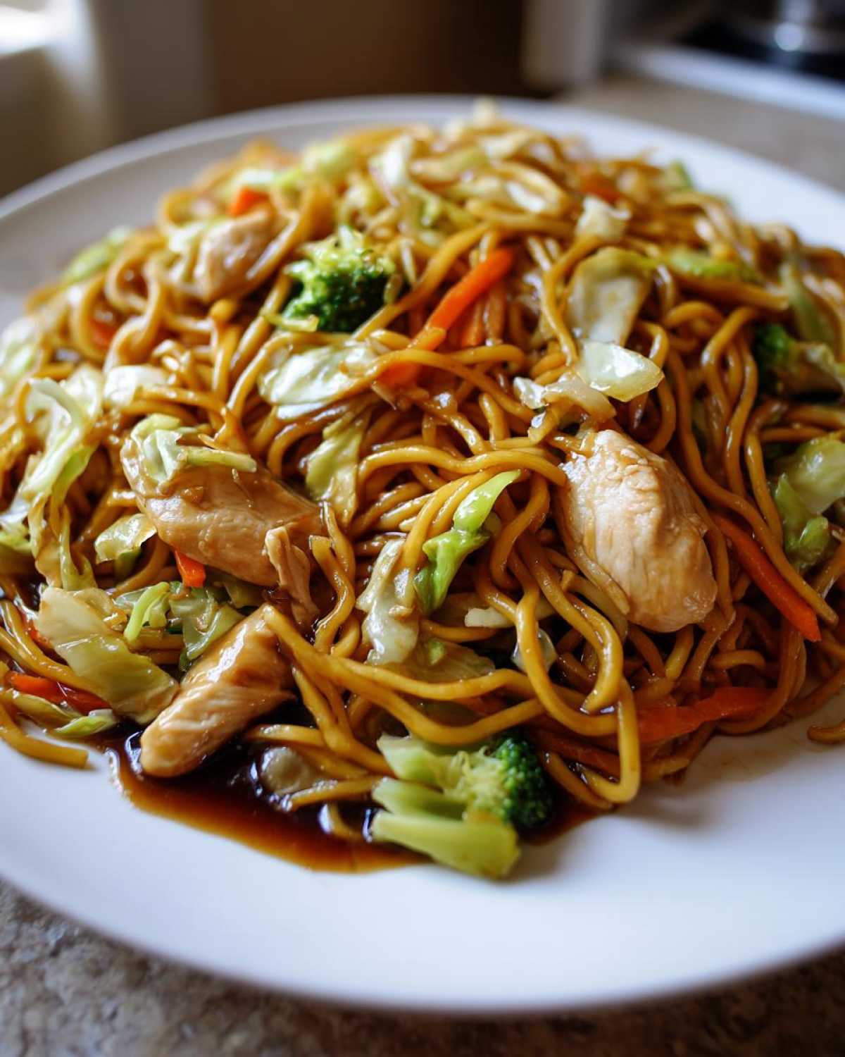 Close-up of a generous serving of homemade chicken chow mein recipe on a white plate.