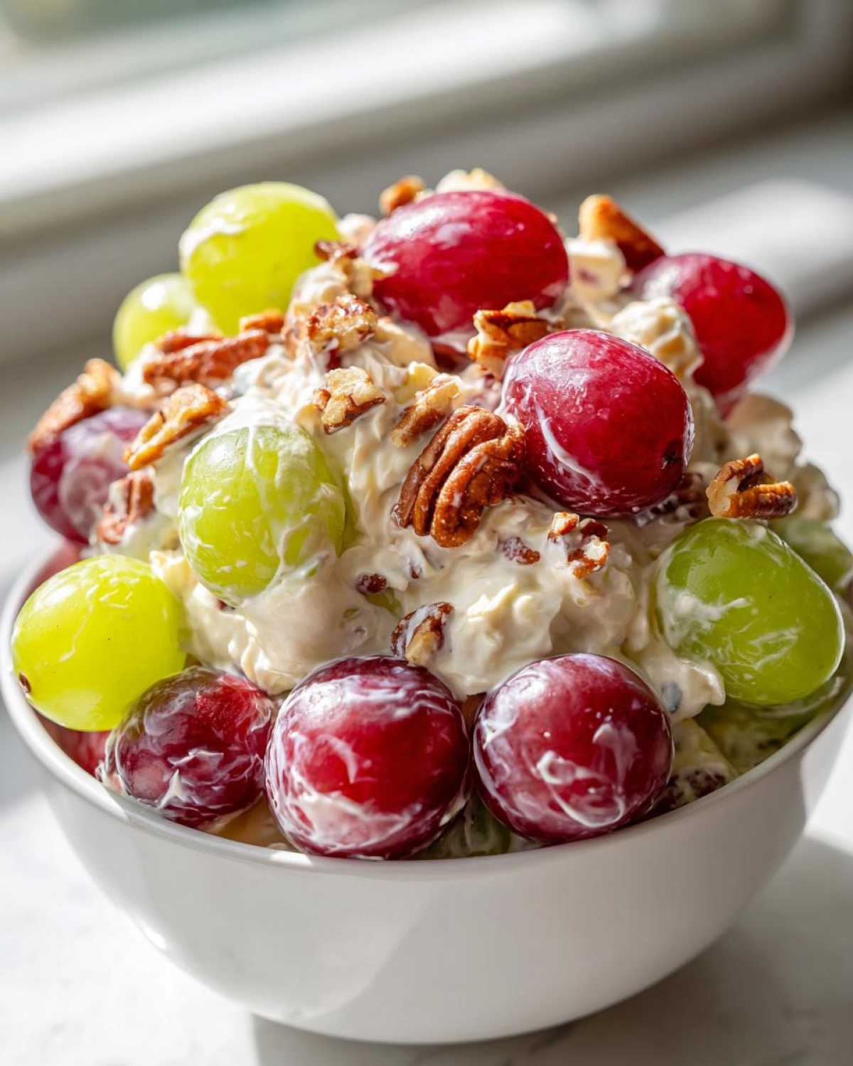 Close-up of a bowl filled with creamy chicken salad chick grape salad, topped with red and green grapes and pecans.