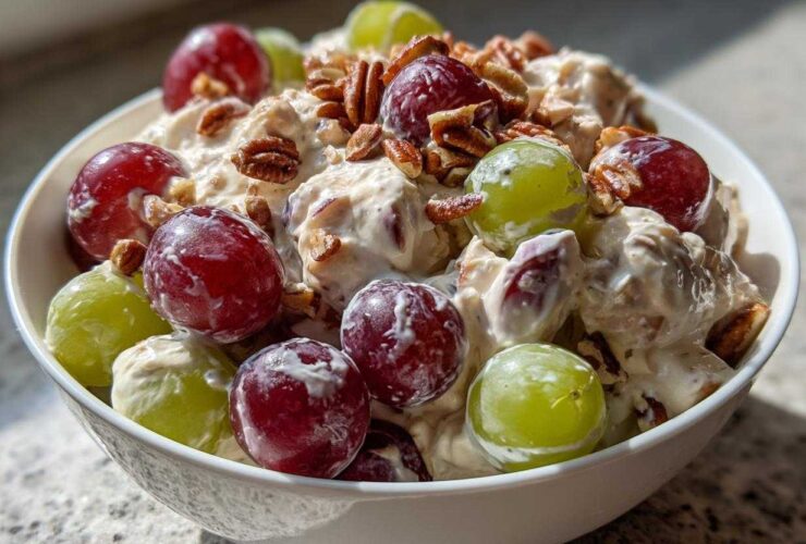 A white bowl filled with creamy chicken salad chick grape salad, topped with red and green grapes and chopped pecans.