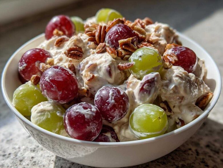 A white bowl filled with creamy chicken salad chick grape salad, topped with red and green grapes and chopped pecans.