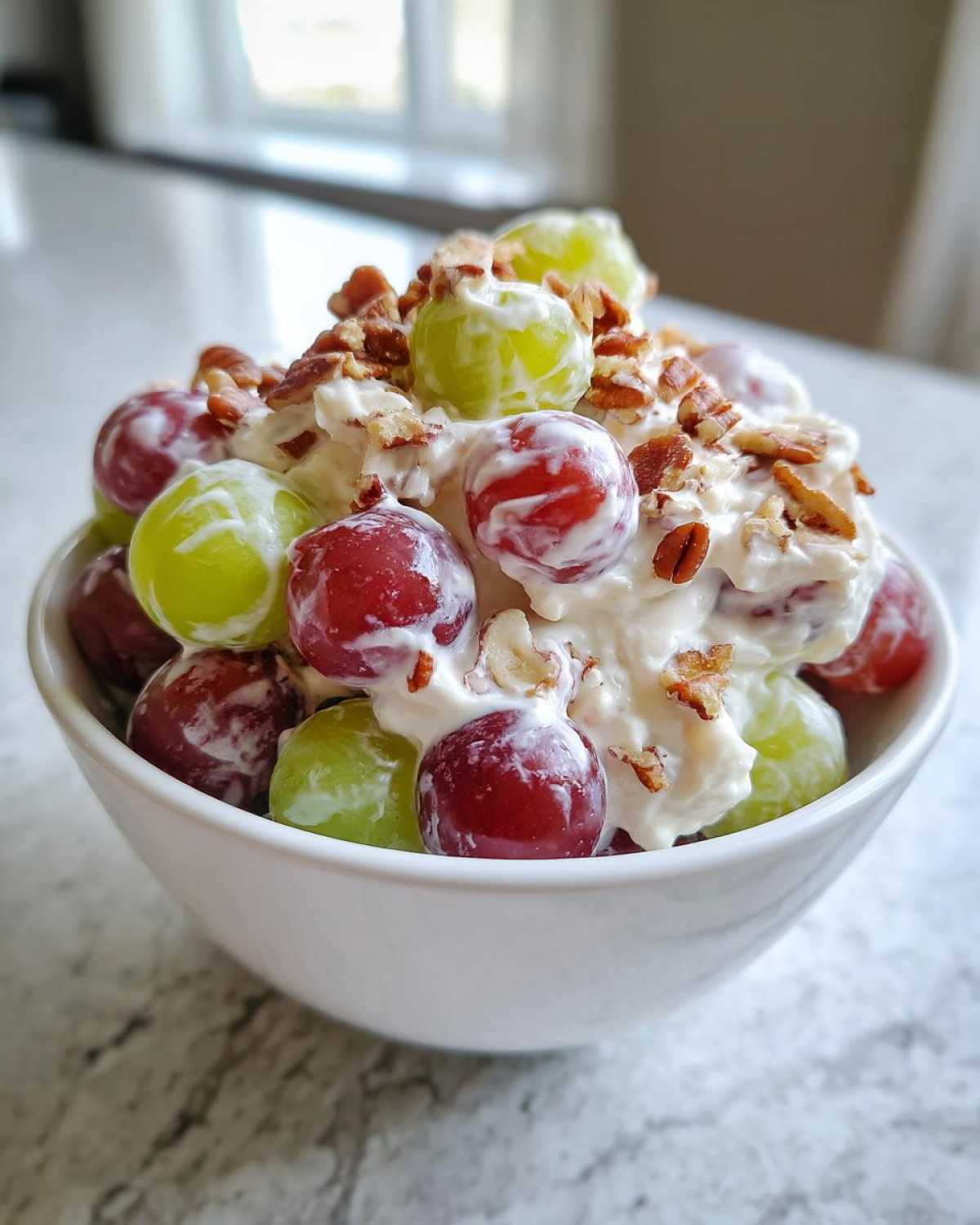 A white bowl filled with creamy chicken salad chick grape salad, featuring red and green grapes topped with chopped pecans.