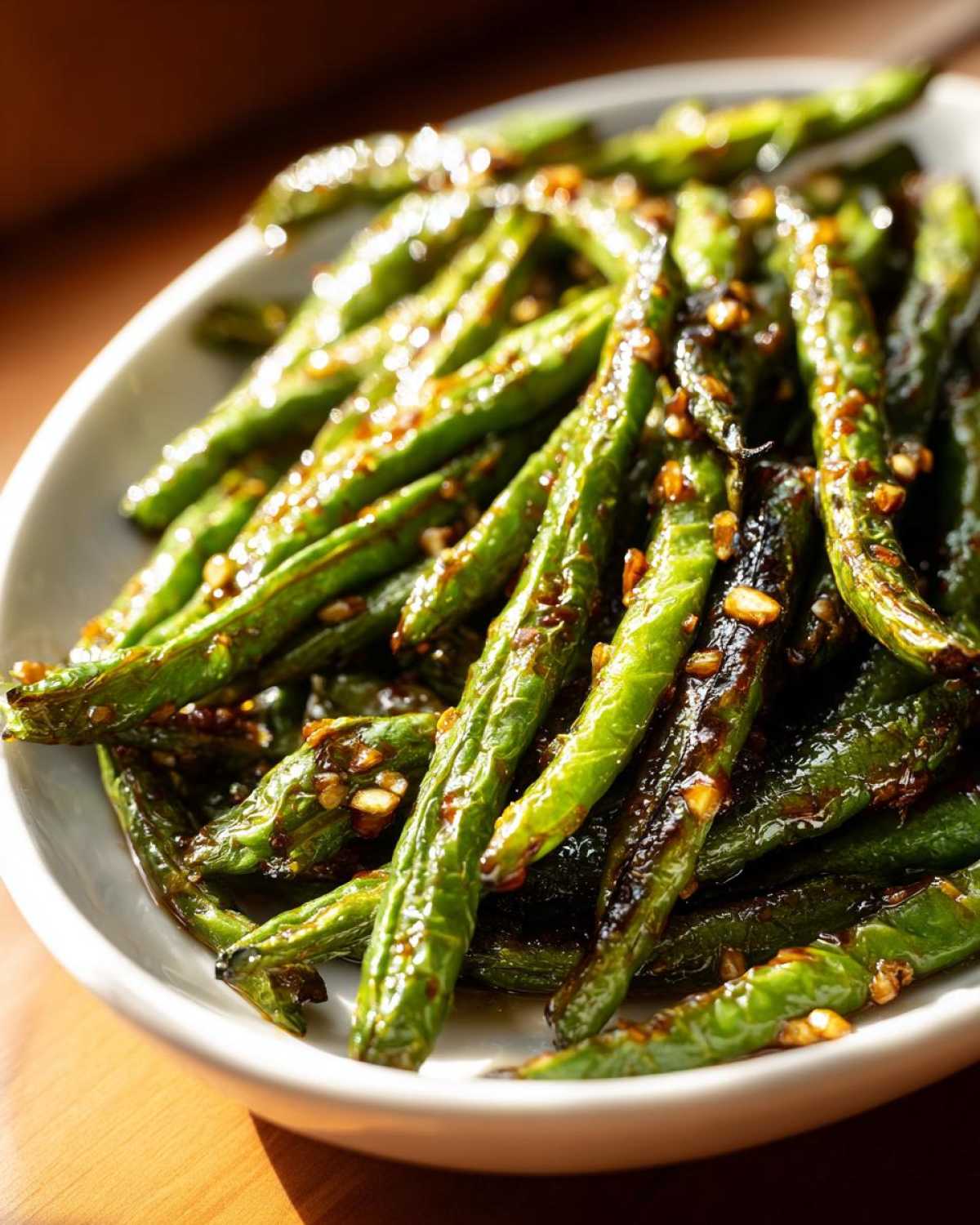 Close-up of vibrant, blistered chinese green beans with garlic sauce in a white bowl.