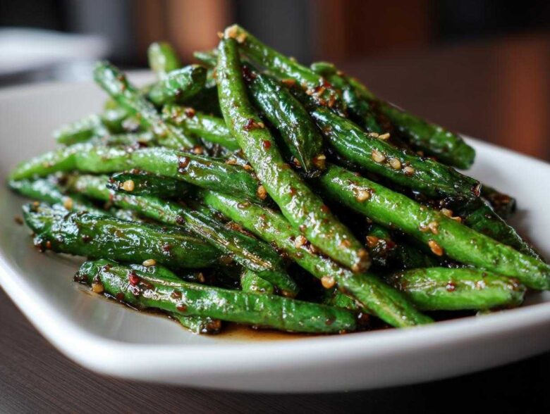 A close-up of glossy, stir-fried chinese green beans with garlic sauce and sesame seeds on a white plate.