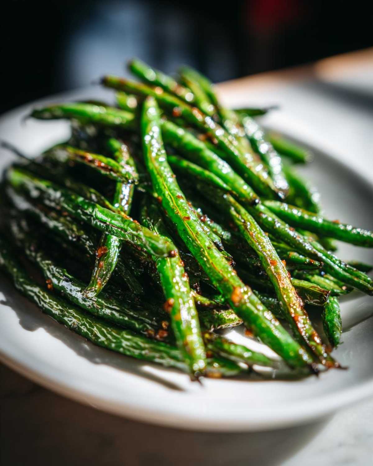 Close-up of blistered, glossy chinese green beans with garlic sauce piled on a white plate.