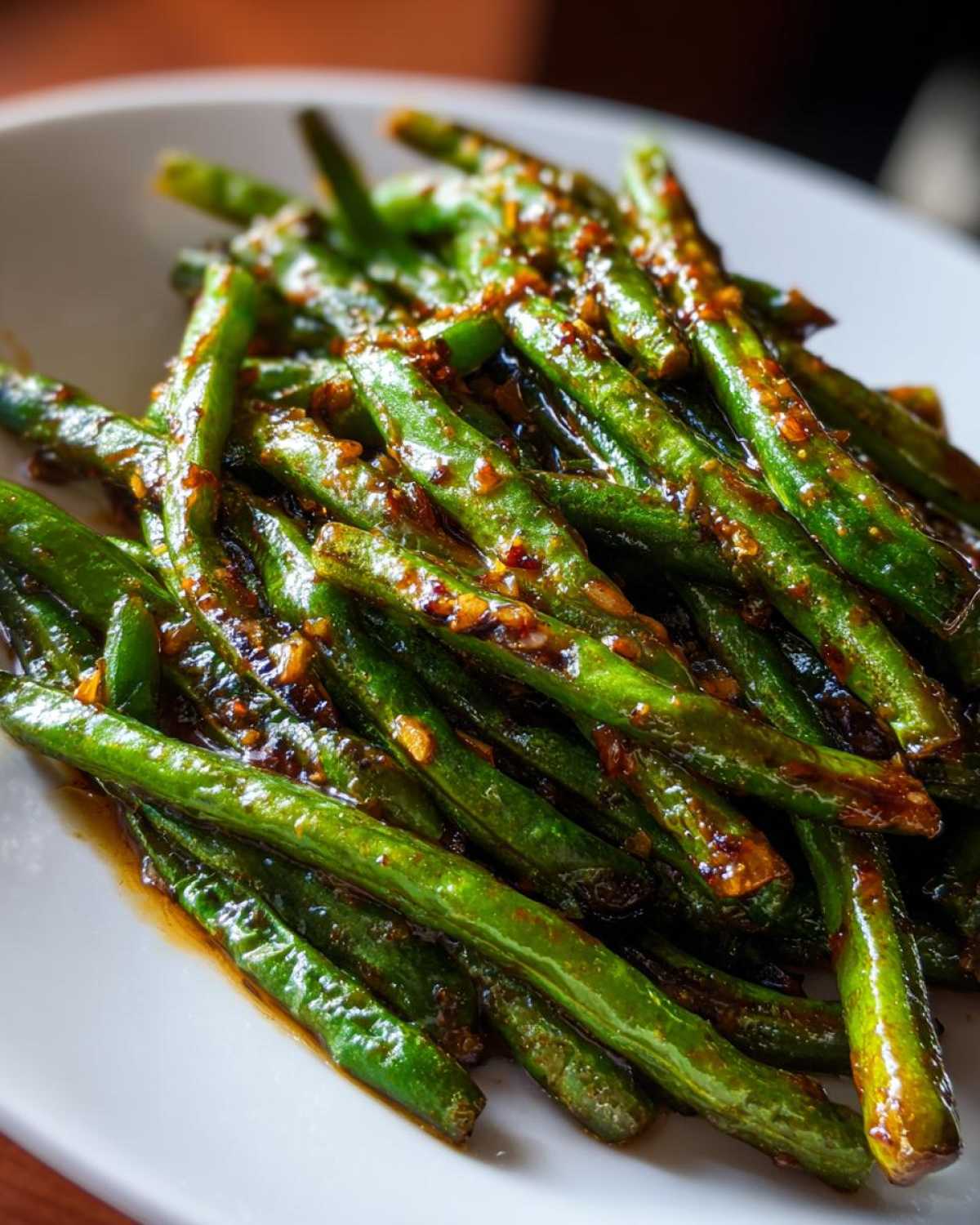 Close-up of vibrant, glossy chinese green beans with garlic sauce served on a white plate.