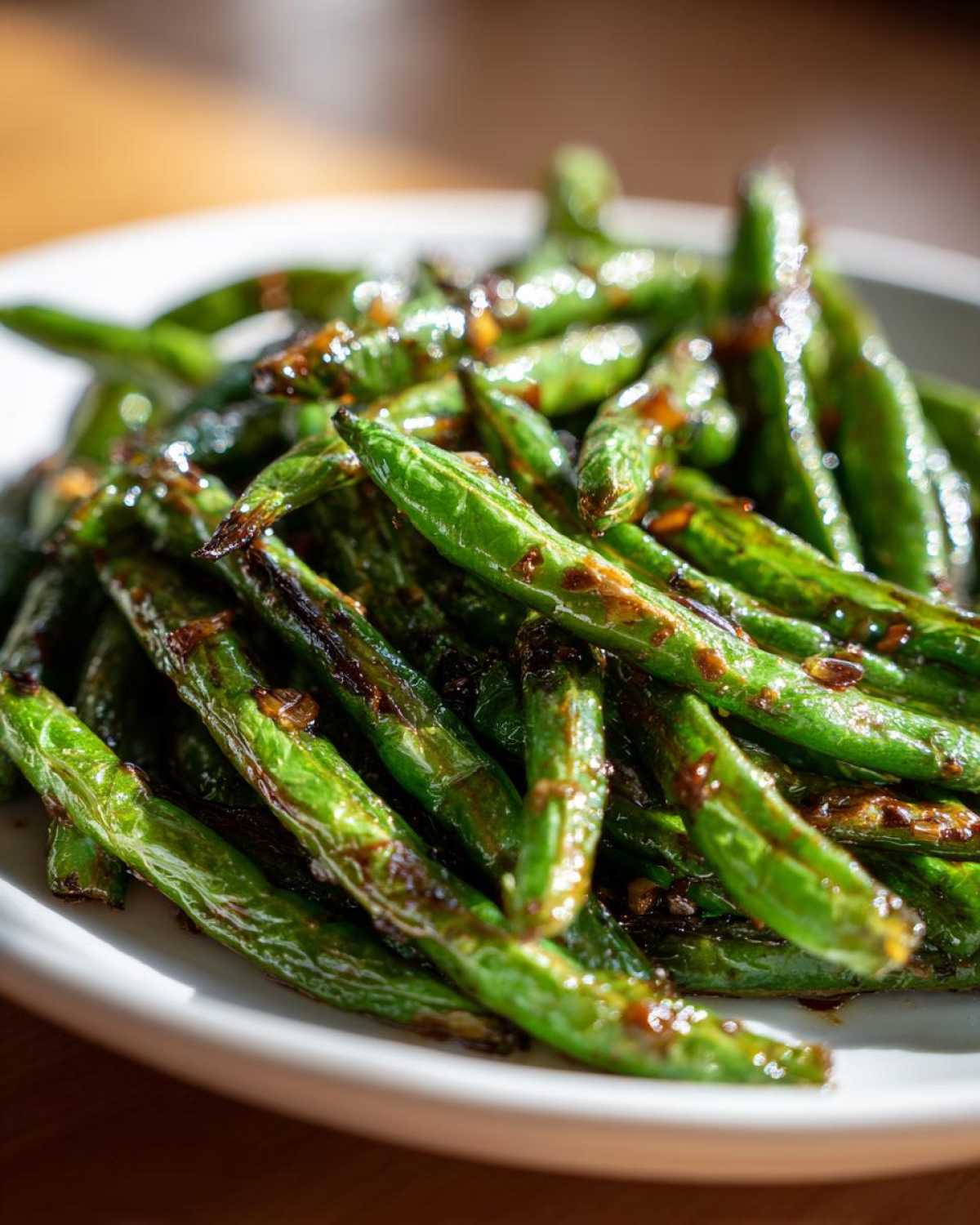 A close-up of vibrant, blistered chinese green beans with garlic sauce glistening on a white plate.