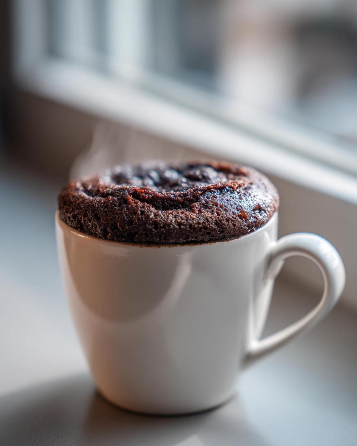 A freshly baked, dark chocolate mug cake overflowing from a white mug, showing steam rising.