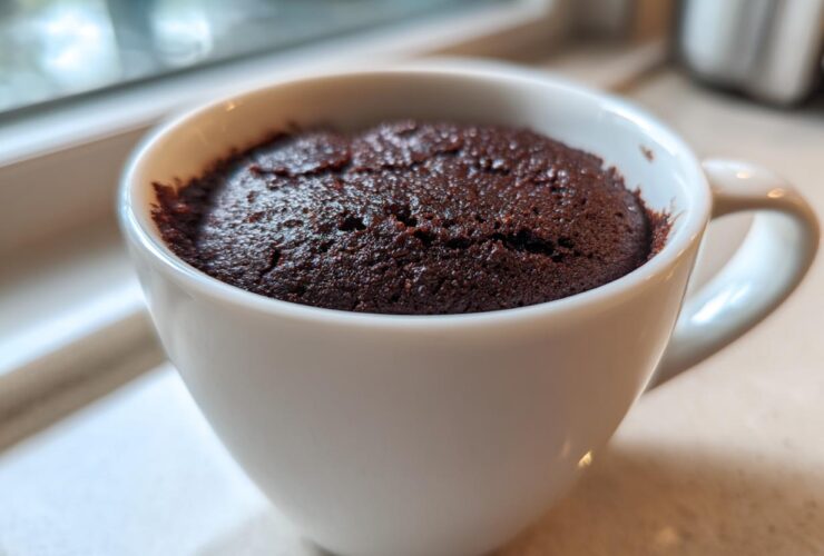 Close-up of a rich, dark chocolate mug cake baked inside a white ceramic mug.