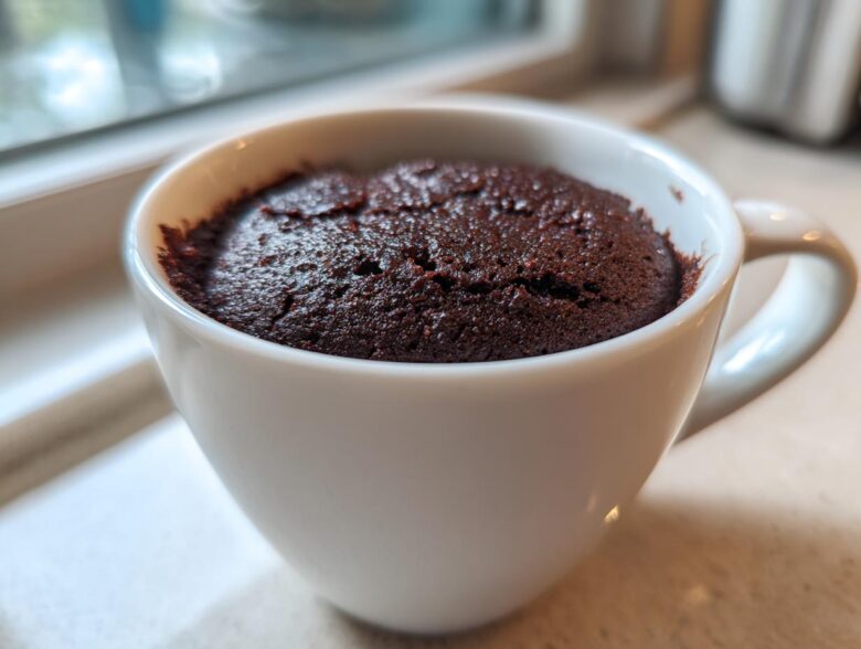 Close-up of a rich, dark chocolate mug cake baked inside a white ceramic mug.