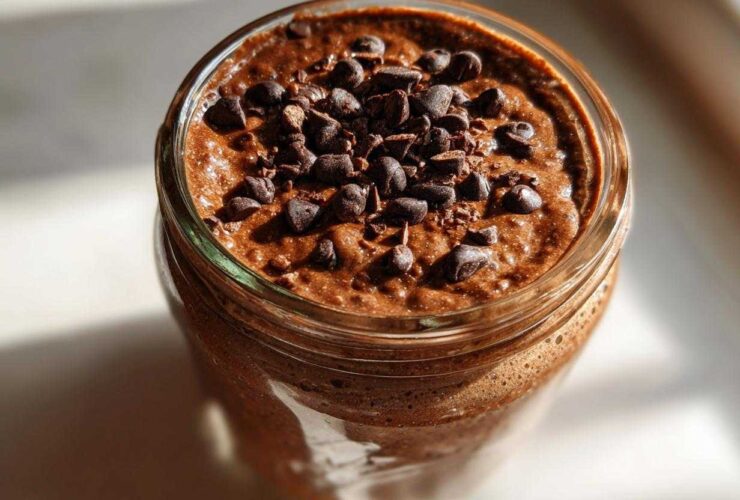 Overhead view of rich chocolate overnight oats in a glass jar, topped generously with dark chocolate chips.
