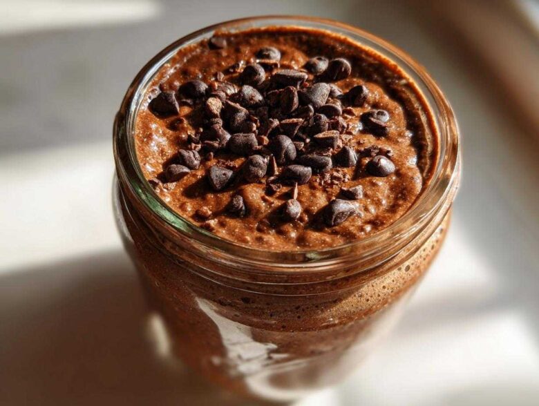 Overhead view of rich chocolate overnight oats in a glass jar, topped generously with dark chocolate chips.