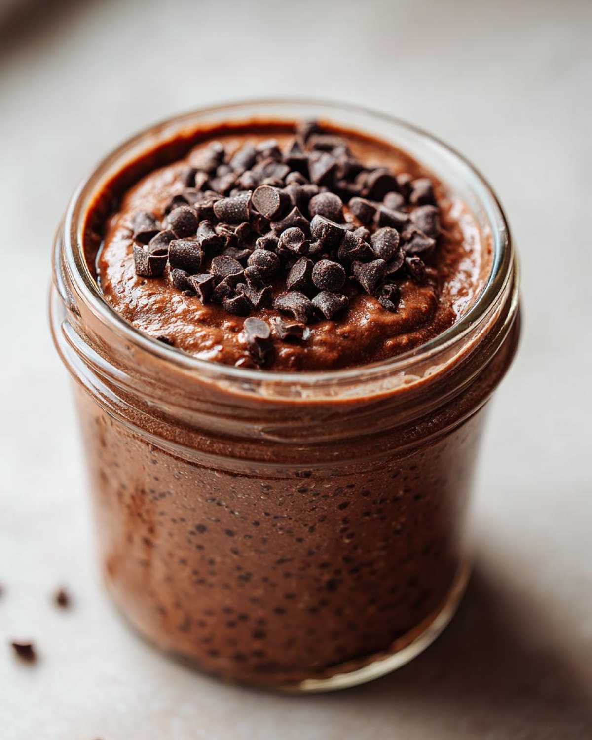 Close-up of thick chocolate overnight oats in a glass jar, topped generously with mini chocolate chips.