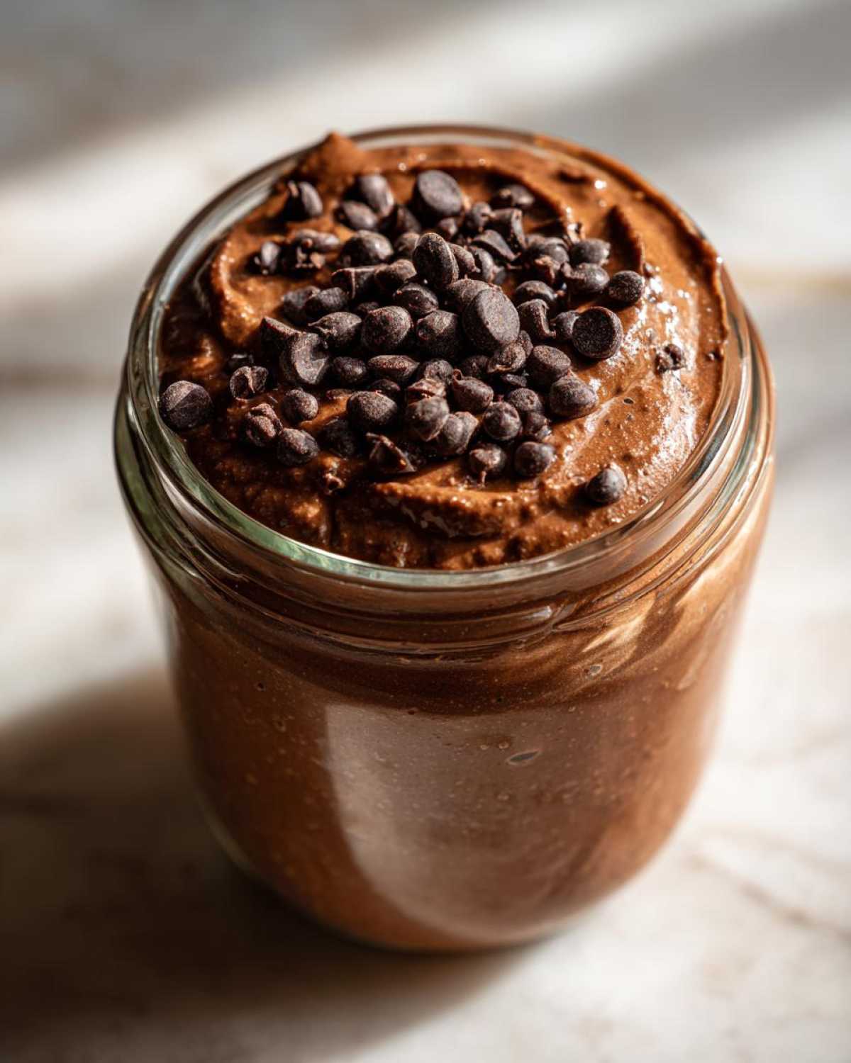 Close-up of rich chocolate overnight oats in a glass jar, topped generously with mini chocolate chips.