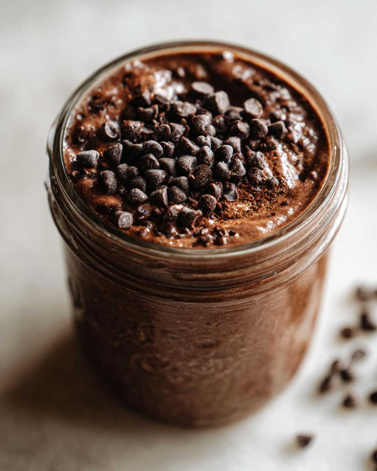 Close-up of rich chocolate overnight oats in a glass jar, topped generously with mini chocolate chips.