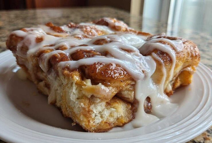 A generous slice of warm Cinnamon roll casserole topped with thick, dripping vanilla icing on a white plate.