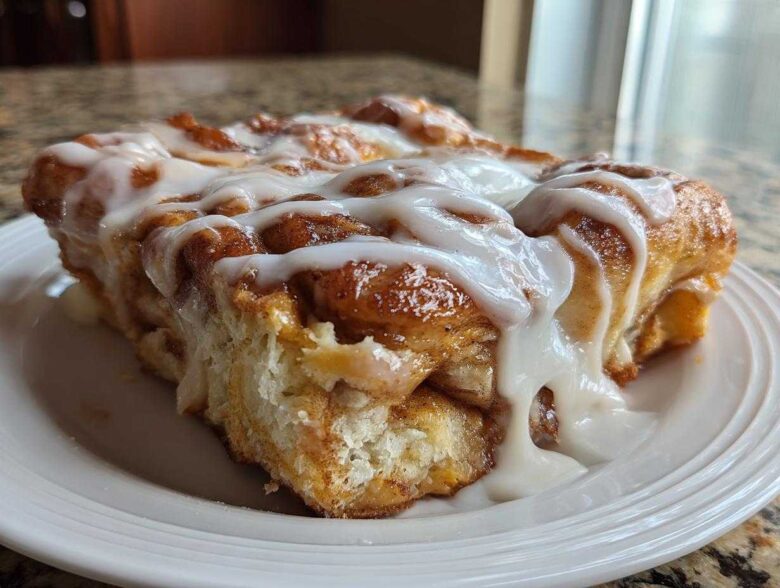 A generous slice of warm Cinnamon roll casserole topped with thick, dripping vanilla icing on a white plate.