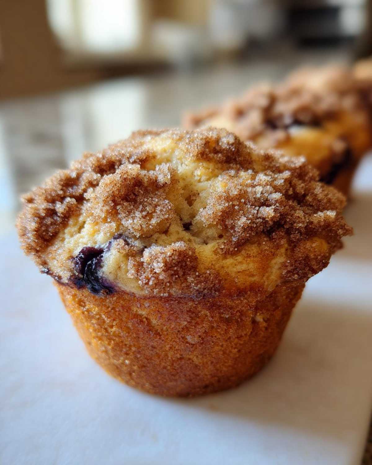 A close-up, shallow depth of field shot of a single blueberry muffin topped with thick cinnamon streusel sugar.