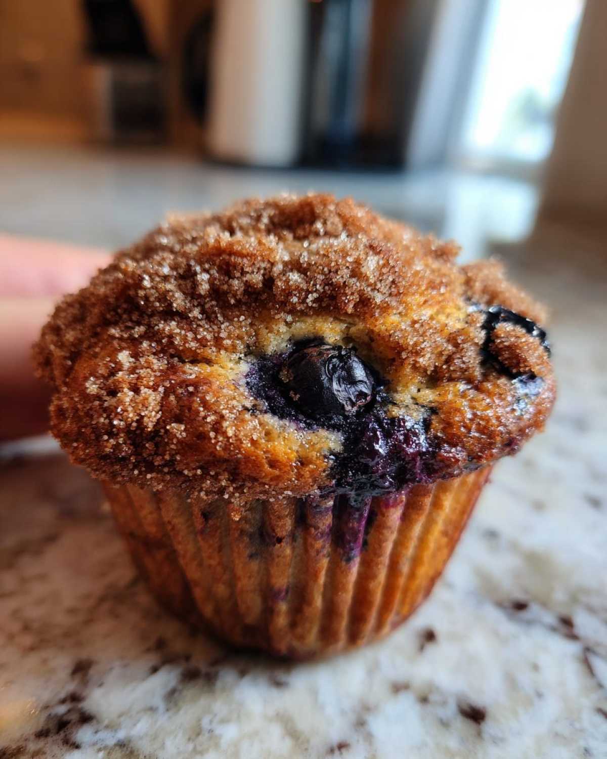A close-up of a freshly baked blueberry muffin topped with a thick layer of cinnamon sugar.