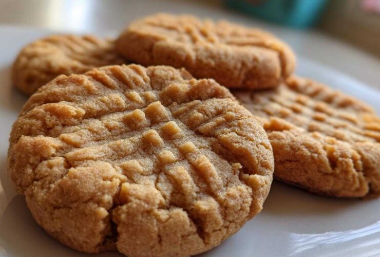 Close-up of several golden brown peanut butter cookies featuring the classic criss-cross fork pattern on a white plate.