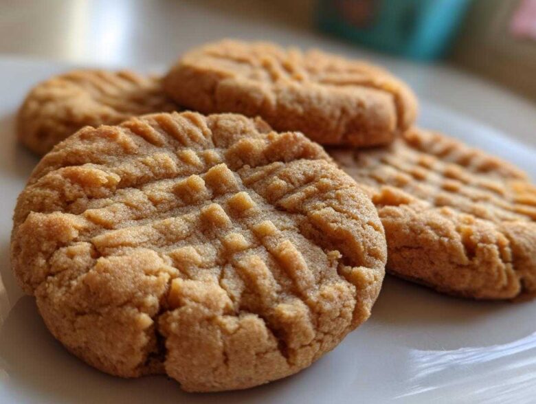 Close-up of several golden brown peanut butter cookies featuring the classic criss-cross fork pattern on a white plate.