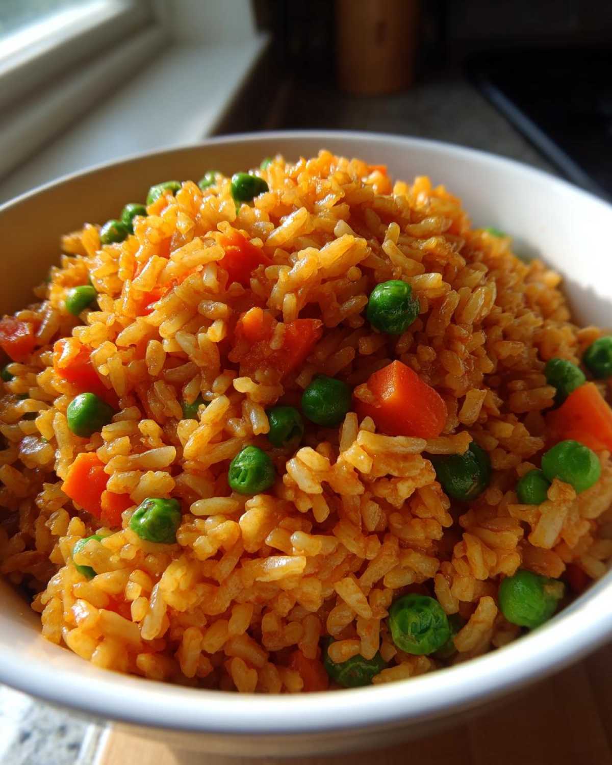 A close-up view of vibrant, orange-colored spanish rice mixed with bright green peas and diced carrots in a white bowl.