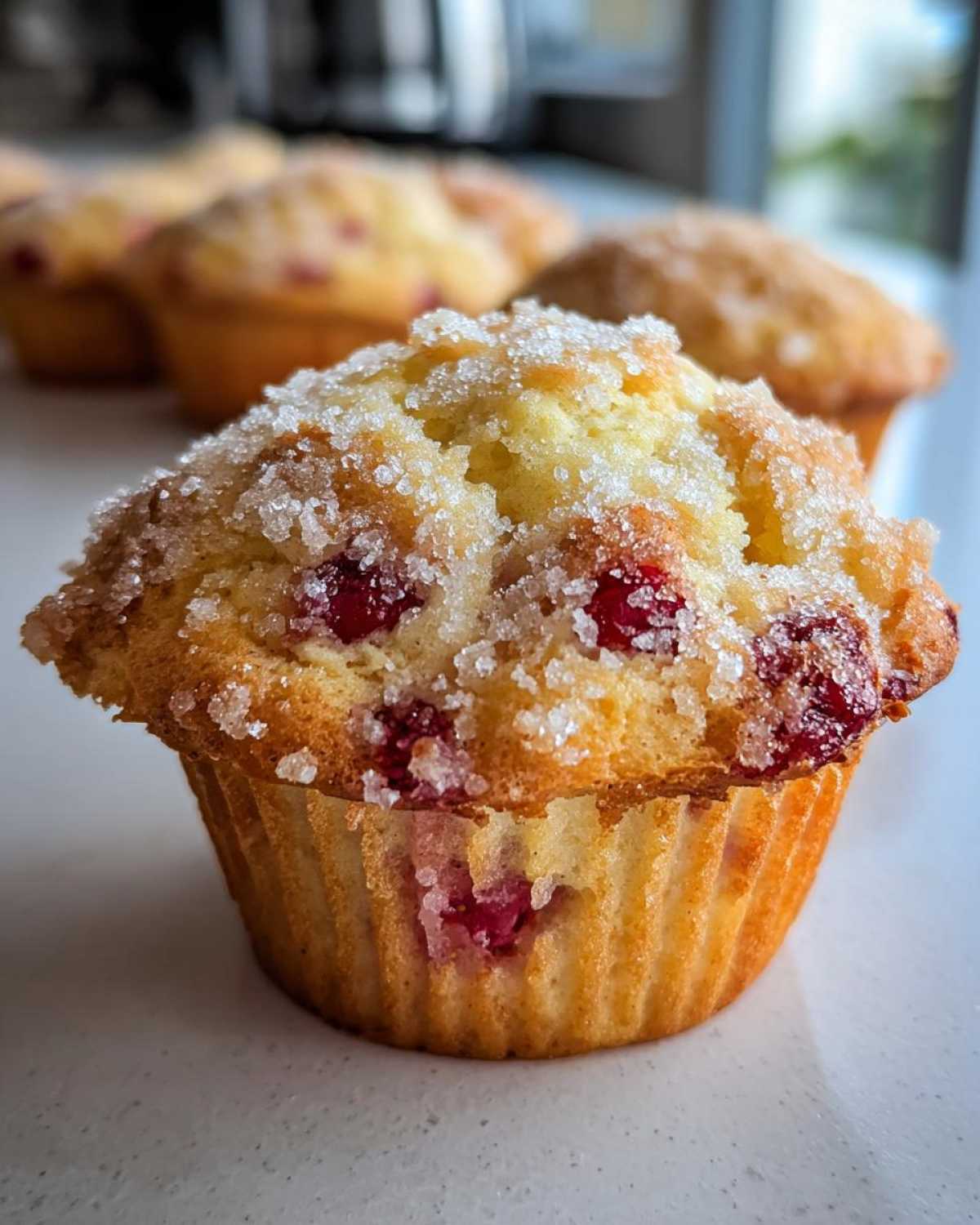 A close-up of a freshly baked strawberry muffin topped with coarse sugar crystals, with more strawberry muffins blurred in the background.