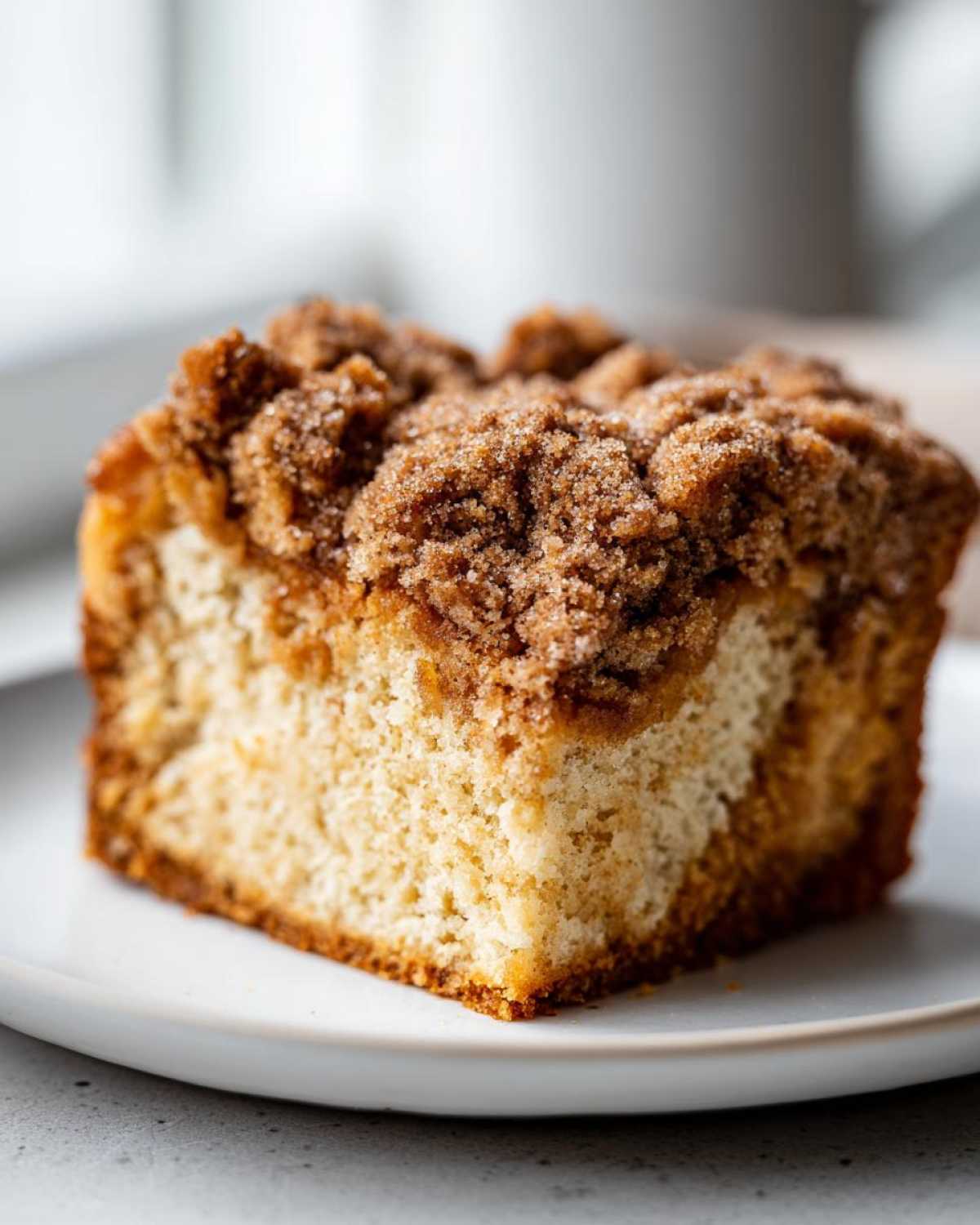 A moist slice of homemade coffee cake featuring a thick, sugary cinnamon streusel topping.
