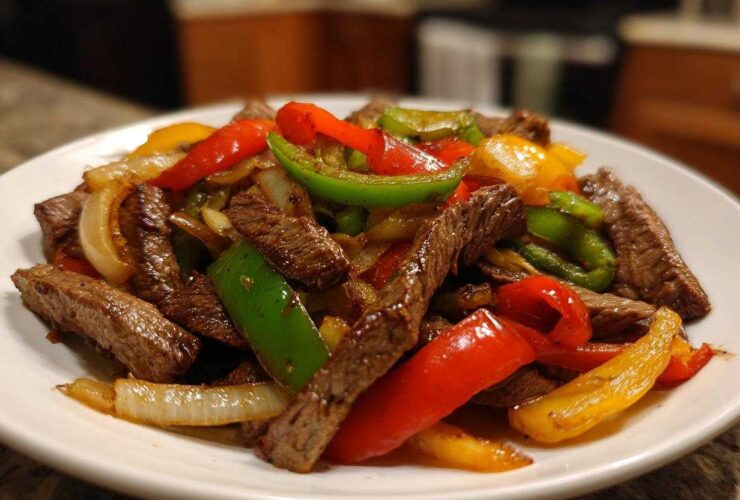 Close-up of sizzling steak fajitas featuring strips of seasoned beef mixed with vibrant red, green, and yellow bell peppers and onions.
