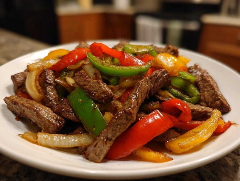 Close-up of sizzling steak fajitas featuring strips of seasoned beef mixed with vibrant red, green, and yellow bell peppers and onions.