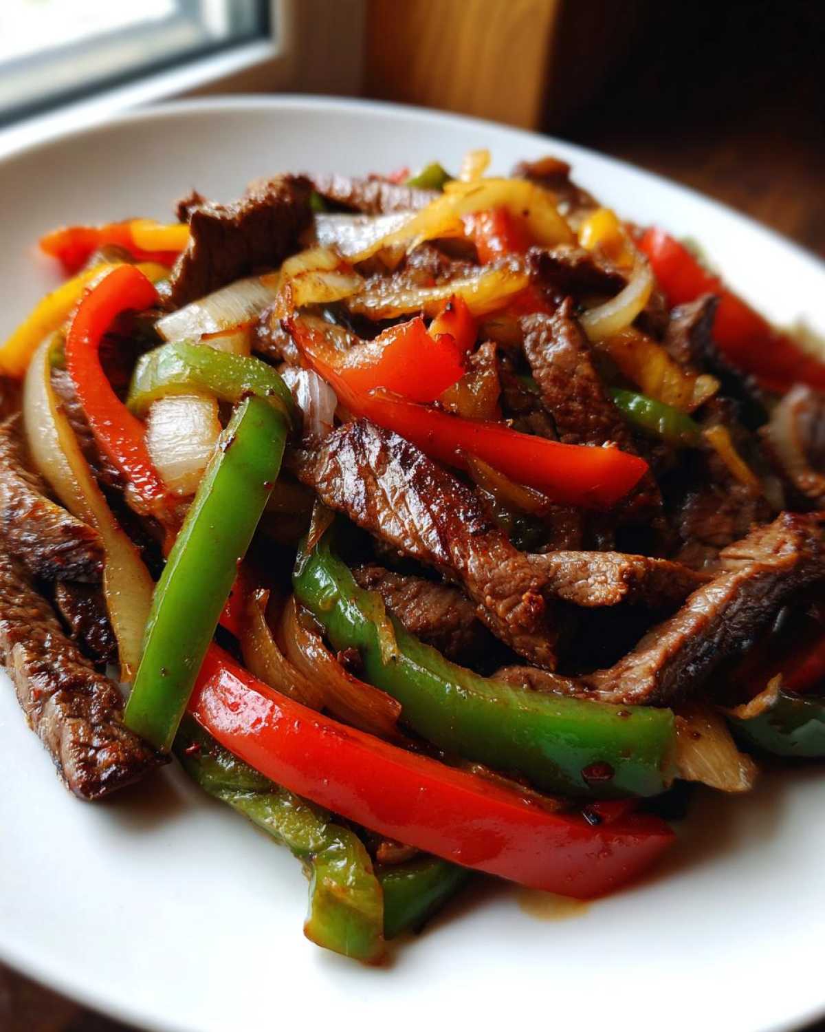 A close-up of sizzling steak fajitas featuring strips of seasoned beef mixed with vibrant red, green, and yellow bell peppers and onions.