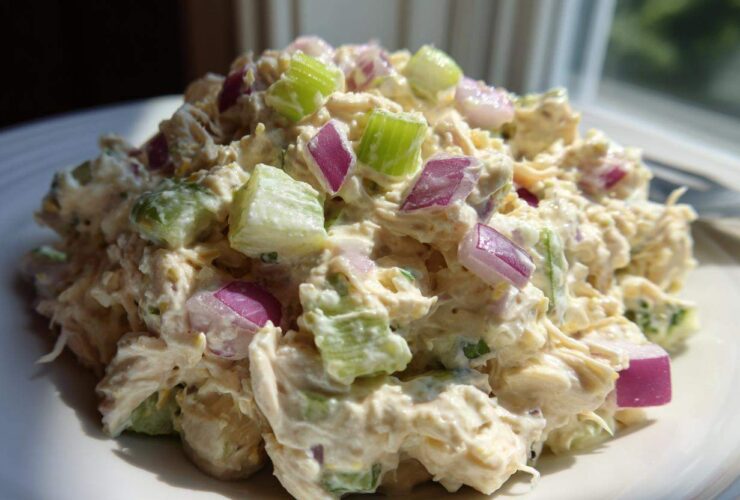 Close-up of creamy cottage cheese chicken salad topped with diced red onion and celery.