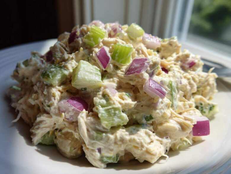 Close-up of creamy cottage cheese chicken salad topped with diced red onion and celery.