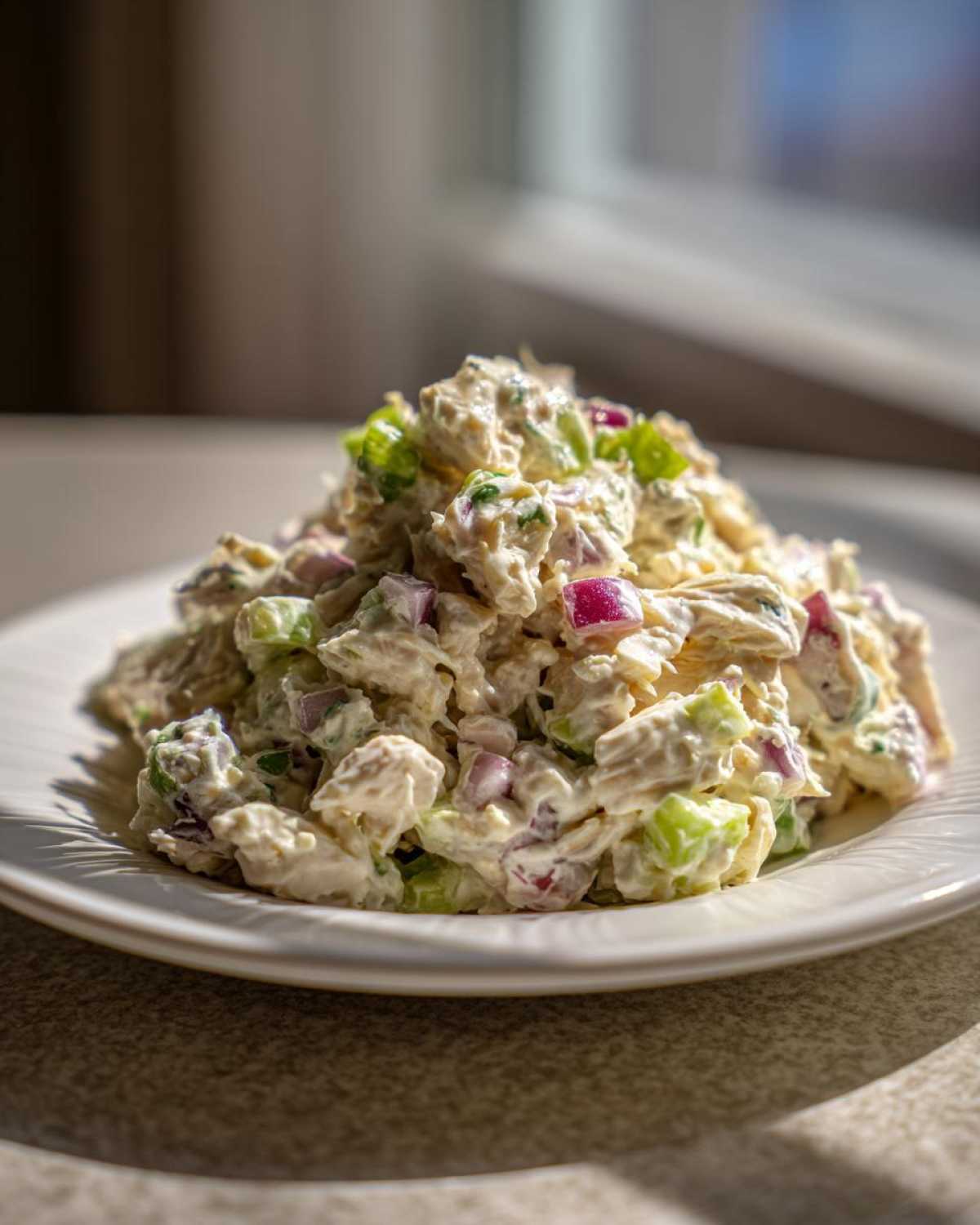 A mound of creamy cottage cheese chicken salad mixed with diced red onion and celery on a white plate.