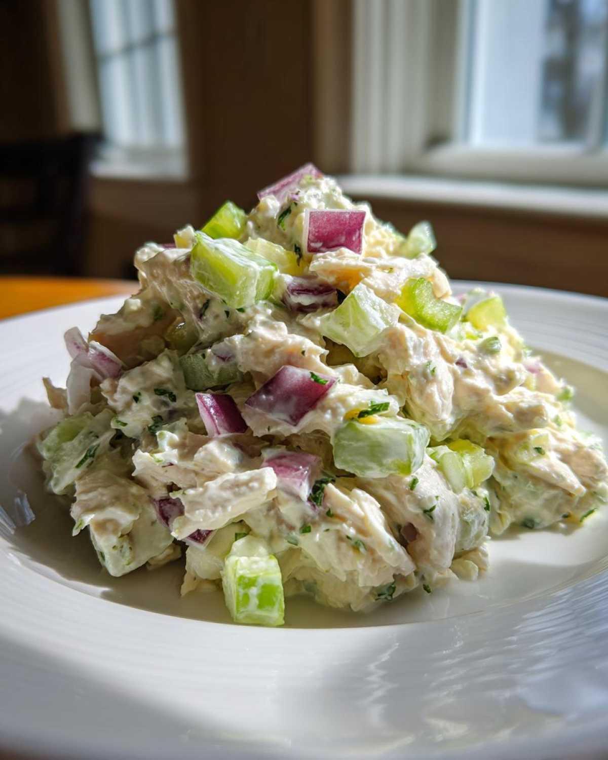 A mound of creamy cottage cheese chicken salad mixed with chopped celery and red onion served on a white plate.