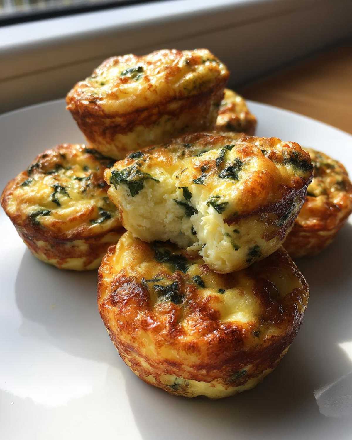 Close-up of golden brown cottage cheese egg cups starbucks style with visible spinach pieces.