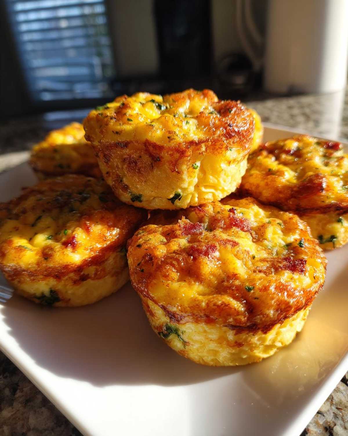 A stack of five golden brown cottage cheese egg cups starbucks style on a white plate.