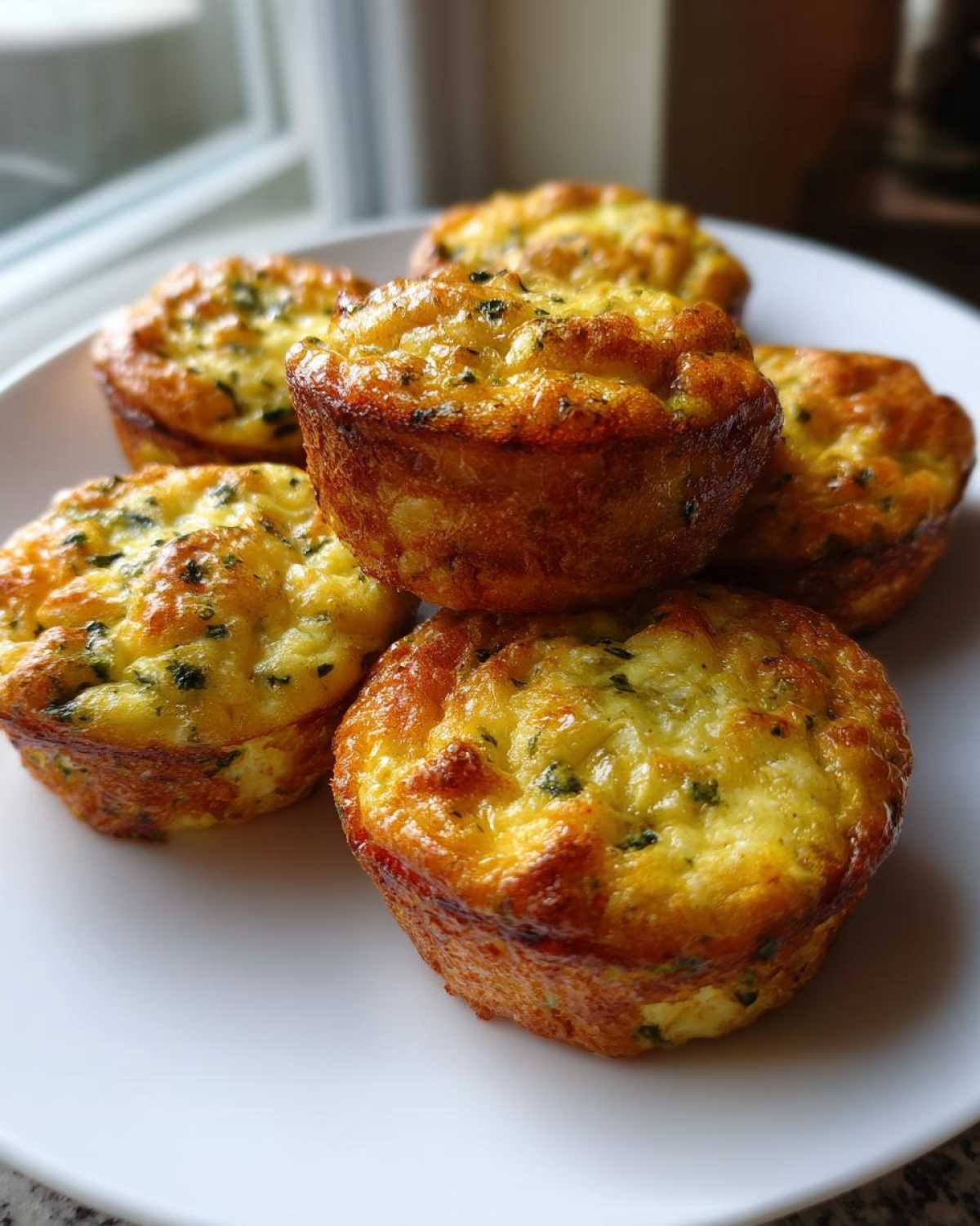 A stack of five golden brown cottage cheese egg cups starbucks style garnished with herbs on a white plate.