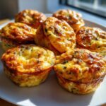 A plate of six golden brown cottage cheese egg cups, baked until fluffy and speckled with herbs.