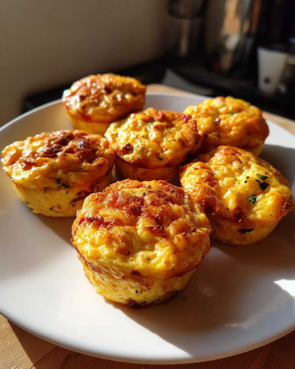 Six golden brown cottage cheese egg cups arranged on a white plate, perfect for a Starbucks-inspired breakfast.