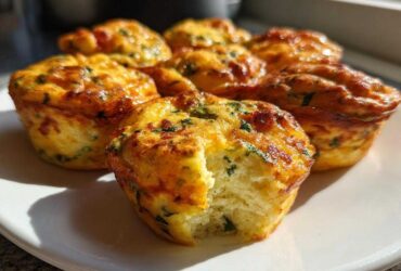 A plate of golden brown cottage cheese egg cups, one with a bite taken out showing the fluffy interior.