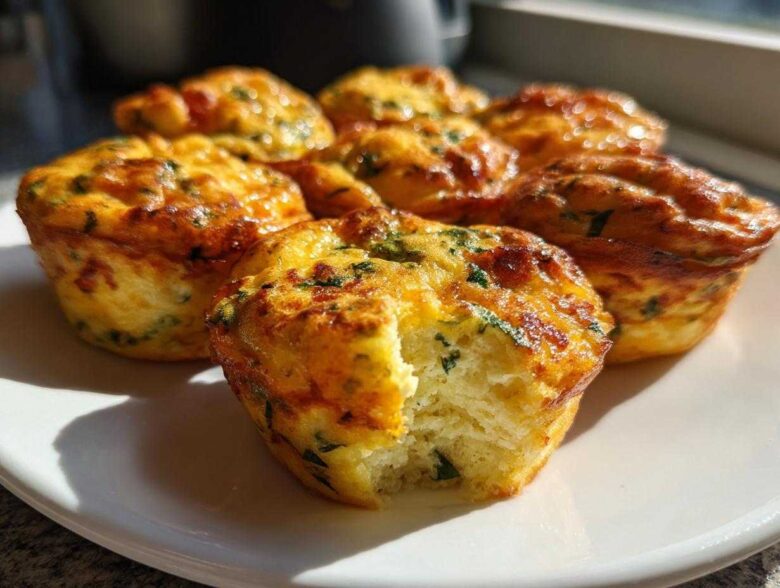 A plate of golden brown cottage cheese egg cups, one with a bite taken out showing the fluffy interior.