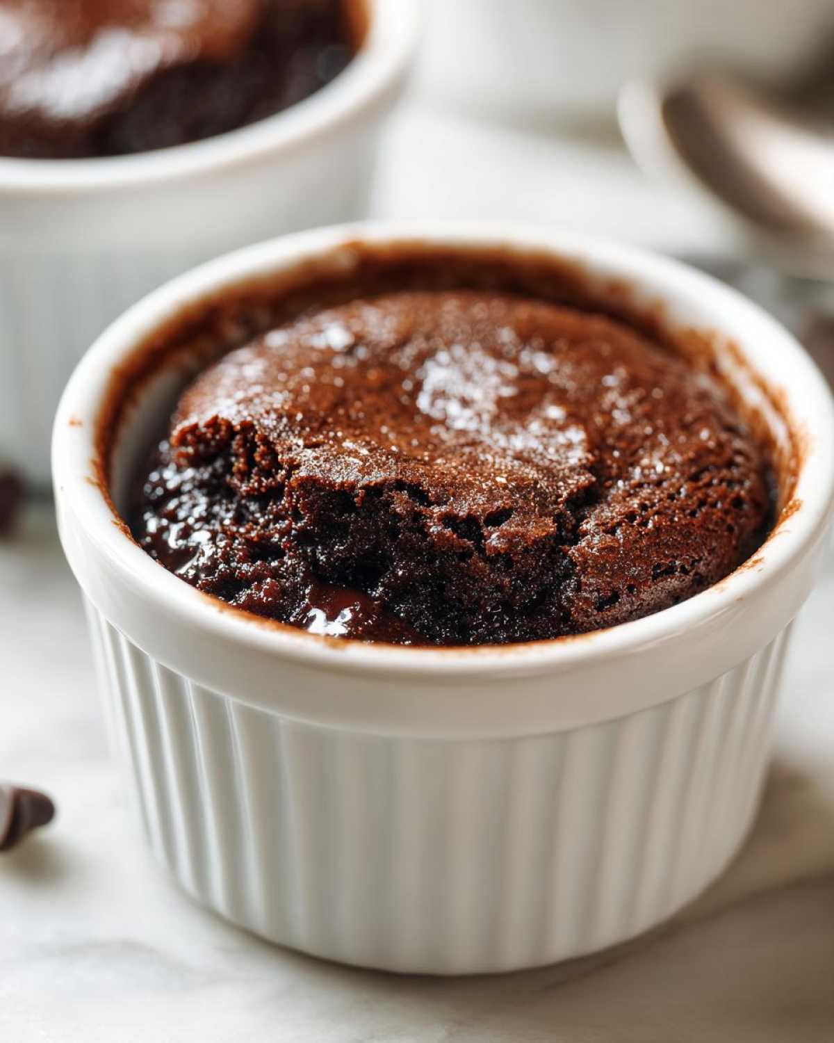 Close-up of a warm, fudgy Cottage Cheese Microwave Brownie baked in a white fluted ramekin.