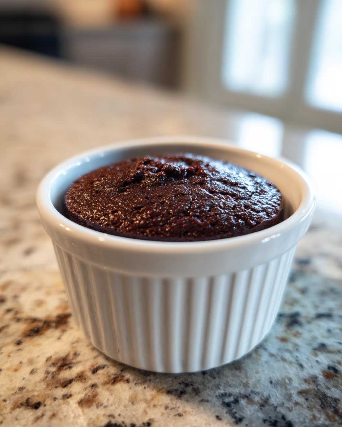 A rich, dark chocolate Cottage Cheese Microwave Brownie baked perfectly inside a white, fluted ramekin.