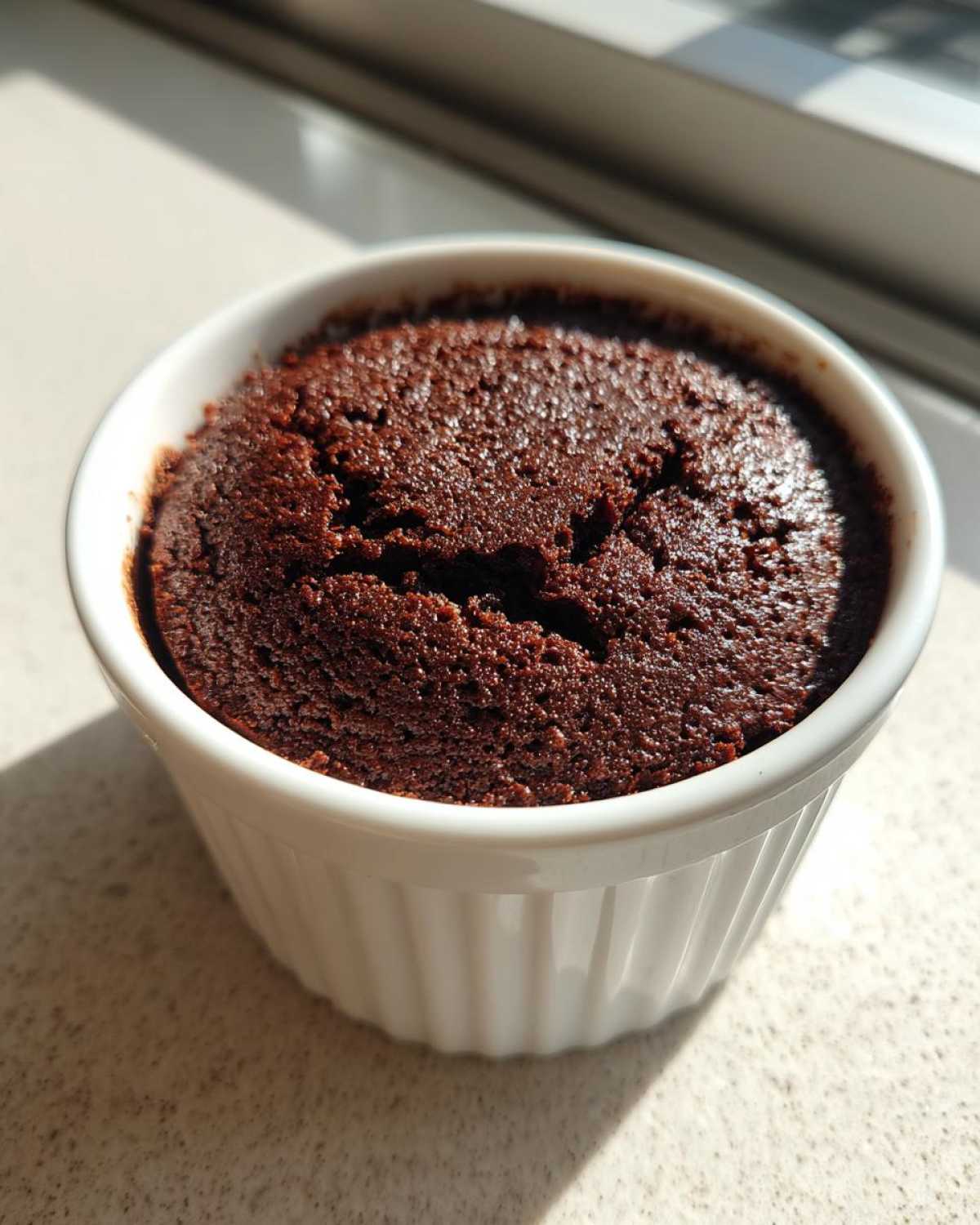 A rich, dark chocolate Cottage Cheese Microwave Brownie baked perfectly in a white fluted ramekin.