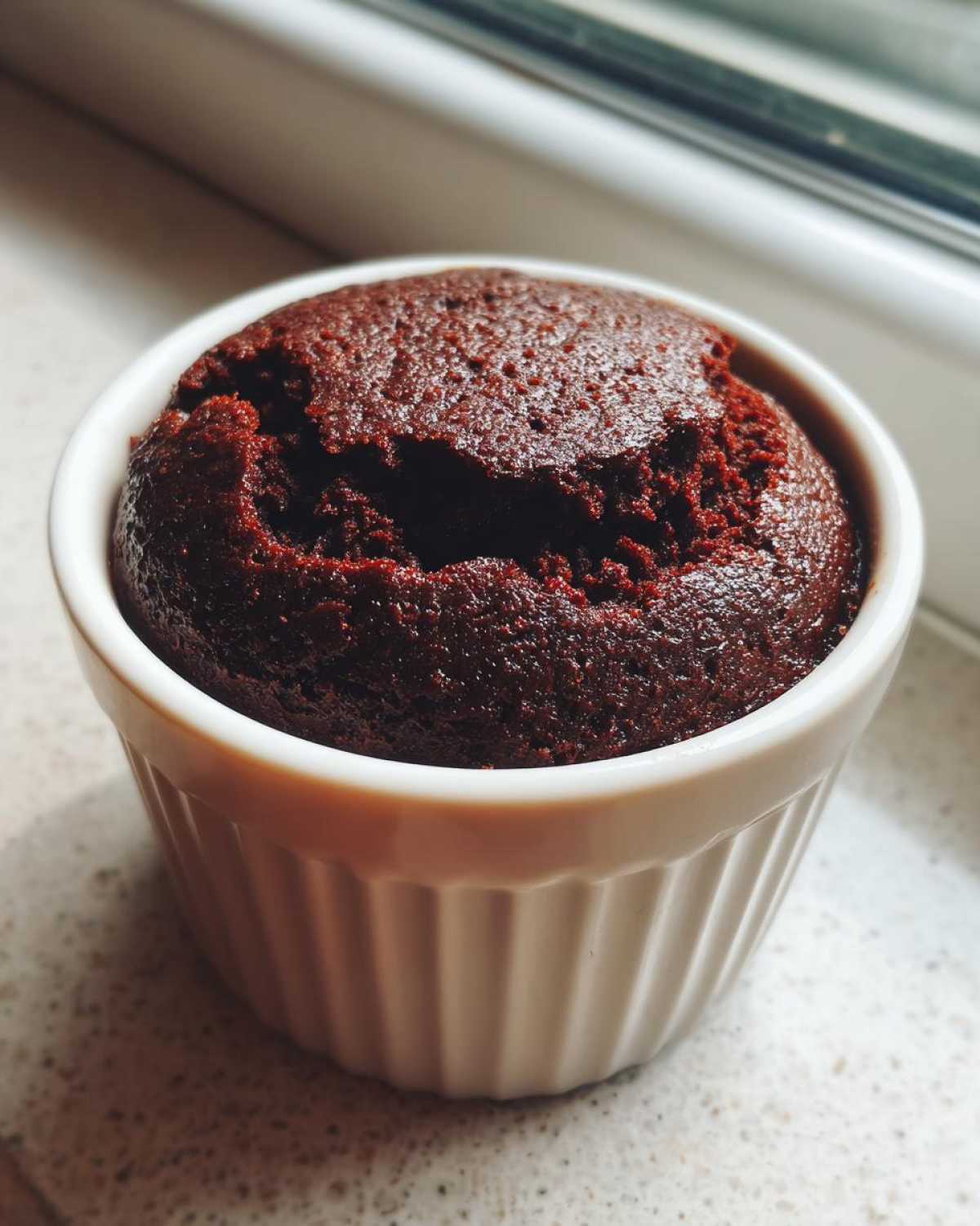 Close-up of a rich, dark brown Cottage Cheese Microwave Brownie baked perfectly in a white fluted ramekin.